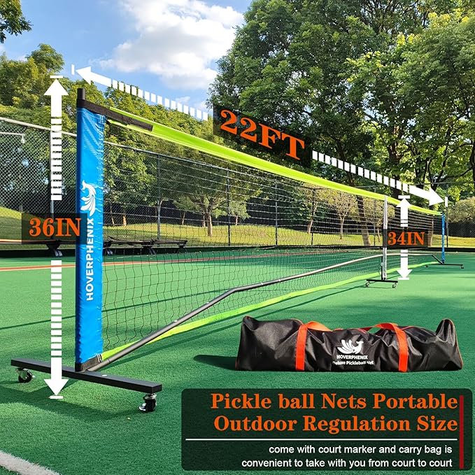 Hoverphenix Pickleball Net for Driveway, 22FT Regulation Size Pickleball Net with Paddles Set of 4