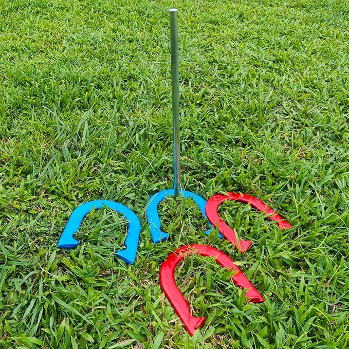 Horseshoes Outside Game Set-Portable Outdoor Horseshoe Set Includes 4 Professional Solid Steel