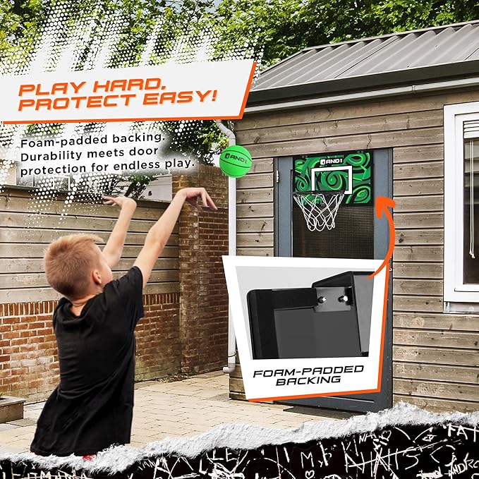 AND1 Over the Door Mini Basketball Hoop: 18x12 Shatterproof Backboard, 2 Mini Basketballs, and Hand