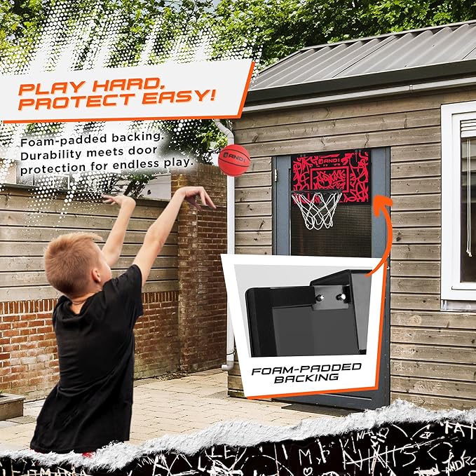 AND1 Over the Door Mini Basketball Hoop: 18x12 Shatterproof Backboard, 2 Mini Basketballs, and Hand