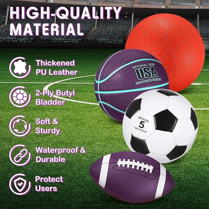 Lenwen 4 Pcs Sports Balls Set, Include Official Size Basketball Soccer Football Playground Ball