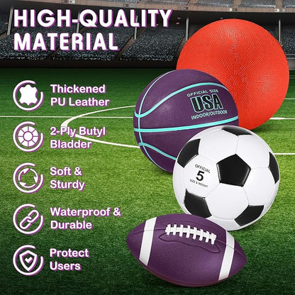 Lenwen 4 Pcs Sports Balls Set, Include Official Size Basketball Soccer Football Playground Ball