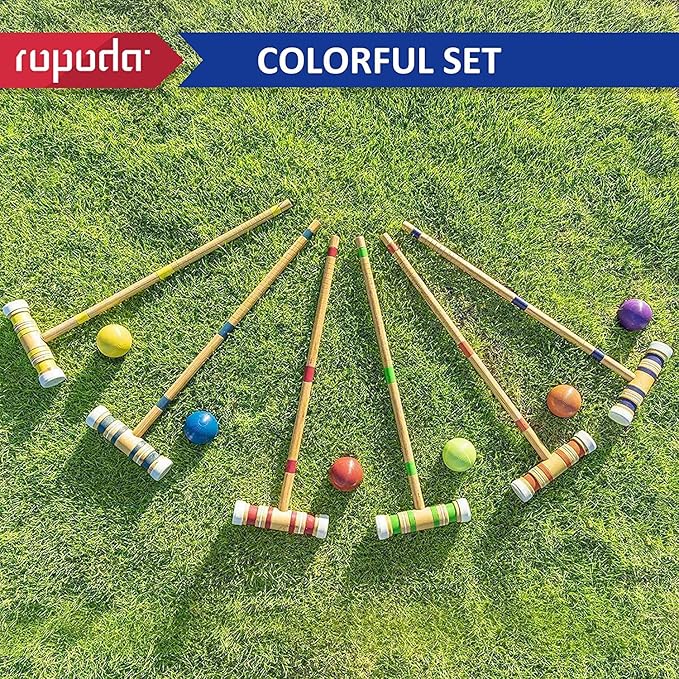 ropoda Six-Player Croquet Set with Wooden Mallets, Colored Balls, Sturdy Carrying Bag for Adults