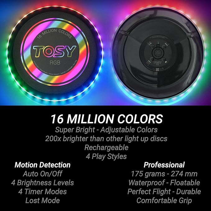 TOSY Flying Disc - 16 Million Colors RGB or 36 LEDs, Extremely Bright, Smart Modes, Camping