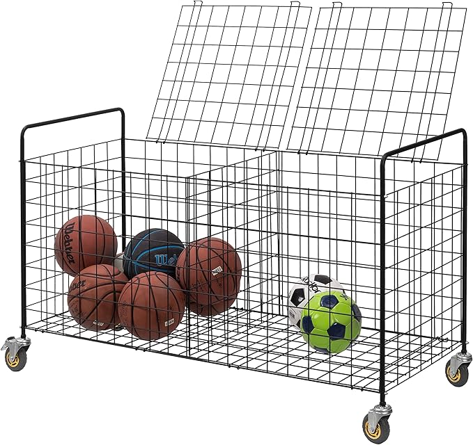 MyGift X-Large Capacity Black Metal Sports Ball and Gym Equipment Storage Rolling Cart with 2