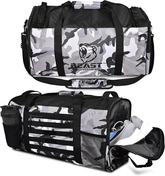 Unisex Duffel Bag Gray Camo, Extra Roomy Waterproof Gym Bag For Women with Shoe Compartment, Sports
