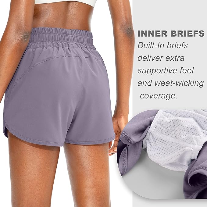 SANTINY Women's Running Shorts with Zip Pockets High Waisted Athletic Workout Gym Shorts for Women
