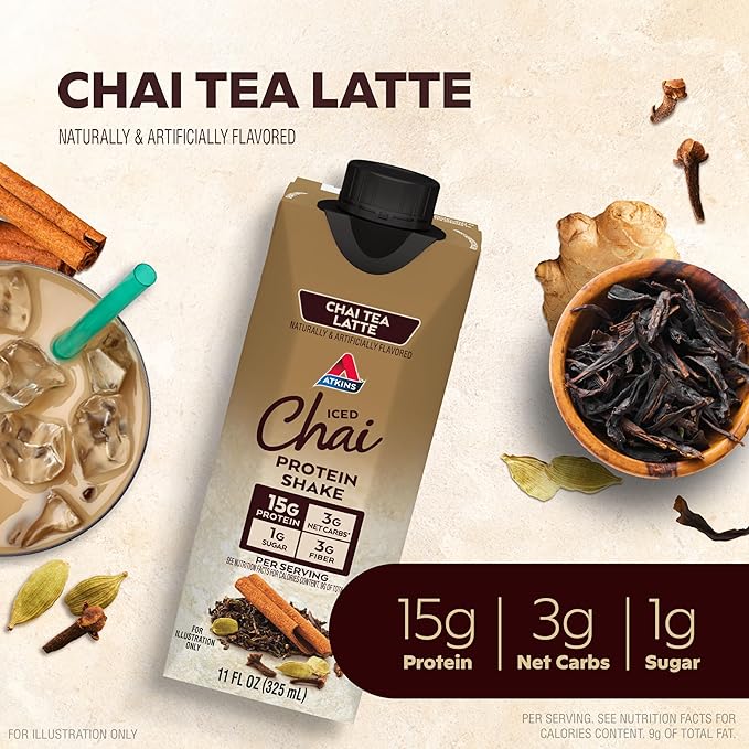 Atkins Chai Tea Latte Flavored Protein Shake, High Protein Shake, Low Glycemic, Low Carb, Low