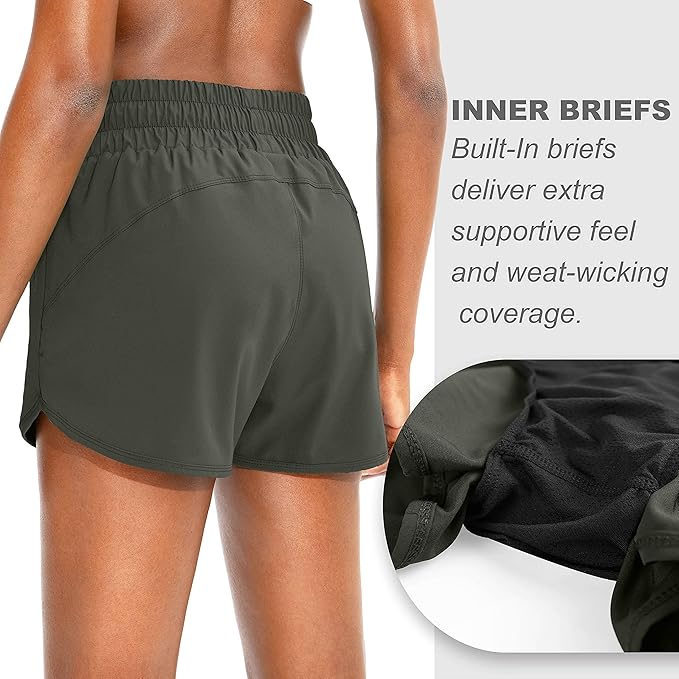 SANTINY Women's Running Shorts with Zip Pockets High Waisted Athletic Workout Gym Shorts for Women
