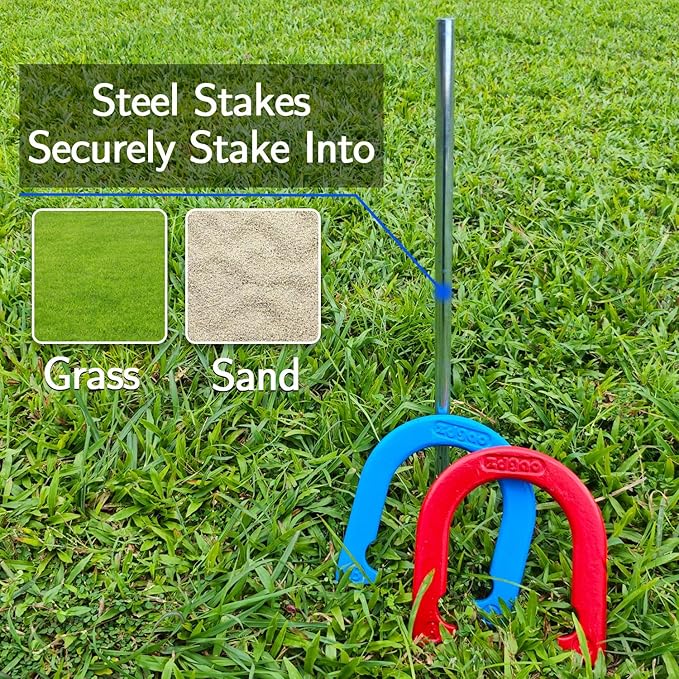 Horseshoes Outside Game Set-Portable Outdoor Horseshoe Set Includes 4 Professional Solid Steel