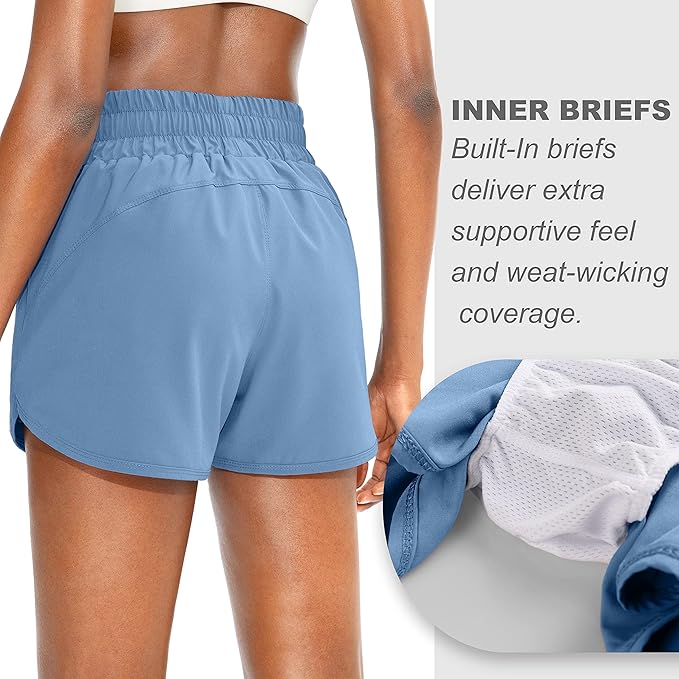 SANTINY Women's Running Shorts with Zip Pockets High Waisted Athletic Workout Gym Shorts for Women