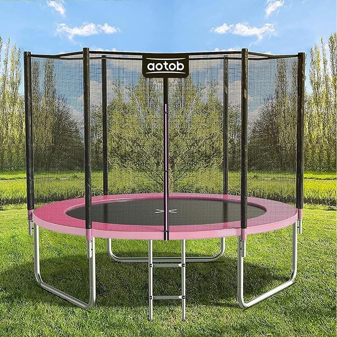 AOTOB 8FT 10FT 12FT 14 FT 15FT Trampoline with Safety Enclosure Net，Outdoor Trampoline with