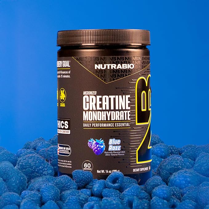 NutraBio Pure Micronized Creatine Monohydrate Powder Supplement, Blue Razz Burst(300 g) - Supports