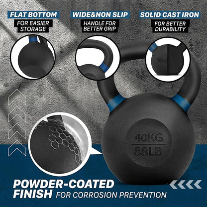 Yes4All Kettlebell, Heavy Duty Powder Coated Cast Iron Kettlebells, Non-Slip Handle & Flat Bottom