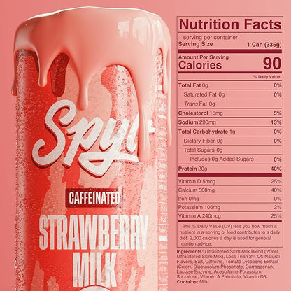 High Protein Strawberry Milk with 60mg Caffeine & 20g Protein - 90 Calories, Ready to Drink, Sugar
