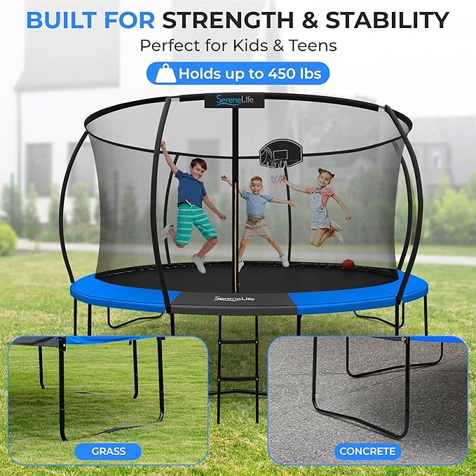 SereneLife 8FT 10FT 12FT 14FT Outdoor Trampoline for Kids and Adults – ASTM Certified Heavy-Duty