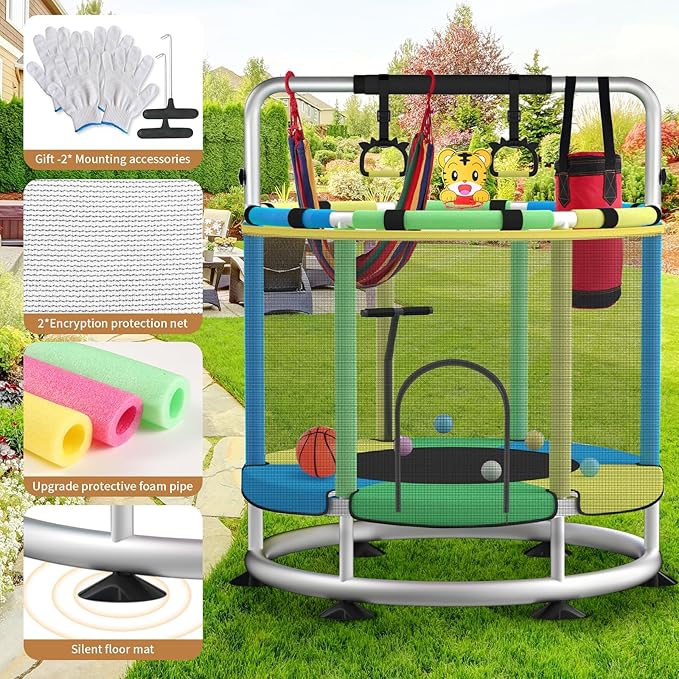 Trampoline for Kids, Adjustable Baby Toddler Trampoline with Basketball Hoop, Round Bottom Indoor