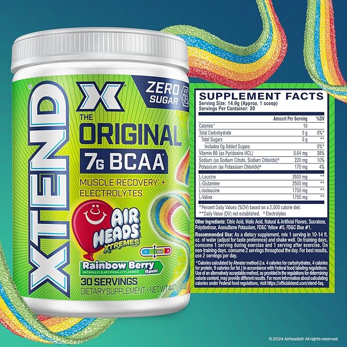 Original BCAA Powder Airheads Rainbow Berry Flavor, 7g BCAA and 2.5g L-Glutamine, Sugar Free Post