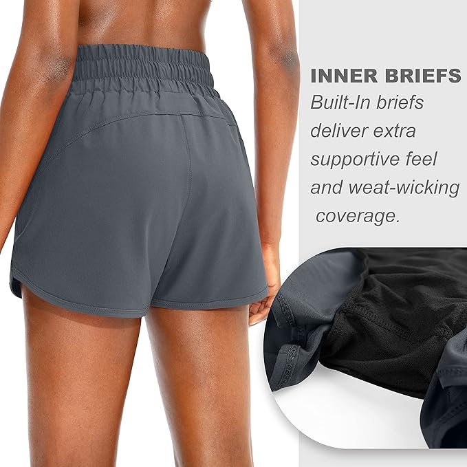 SANTINY Women's Running Shorts with Zip Pockets High Waisted Athletic Workout Gym Shorts for Women