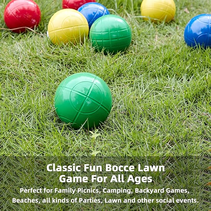 Pointyard 90mm Bocce Ball Set with 8 PE Balls, 1 Pallino, Carrying Bag, Measuring Tape - Family