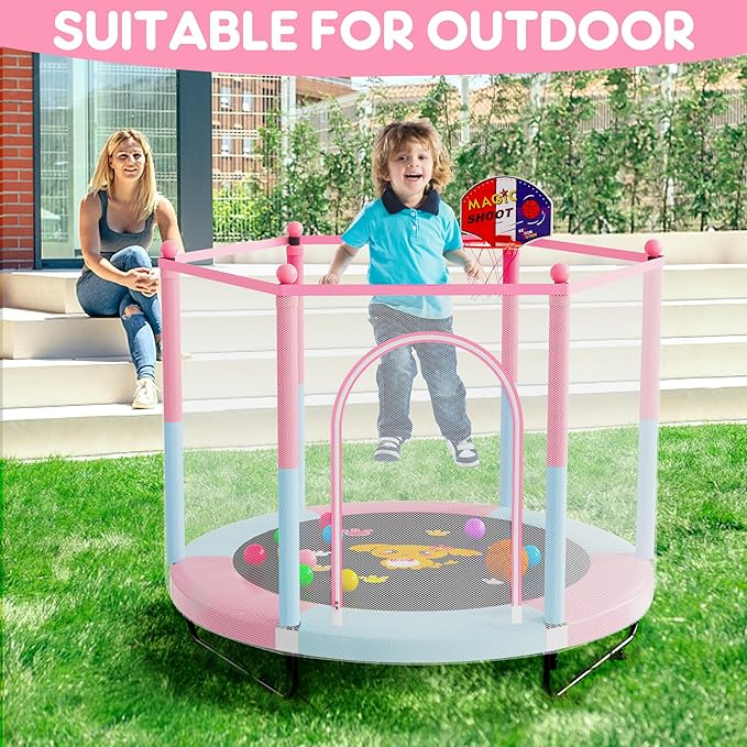 60" Trampoline for Kids, 5 FT Indoor & Outdoor Toddler Baby Trampoline with Basketball Hoop, Safety