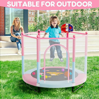 60" Trampoline for Kids, 5 FT Indoor & Outdoor Toddler Baby Trampoline with Basketball Hoop, Safety
