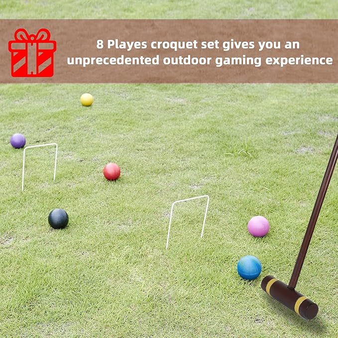 28In Croquet Party Set for 8 Players - Made of Long-Lasting Pine Wood, Family Fun for Backyards