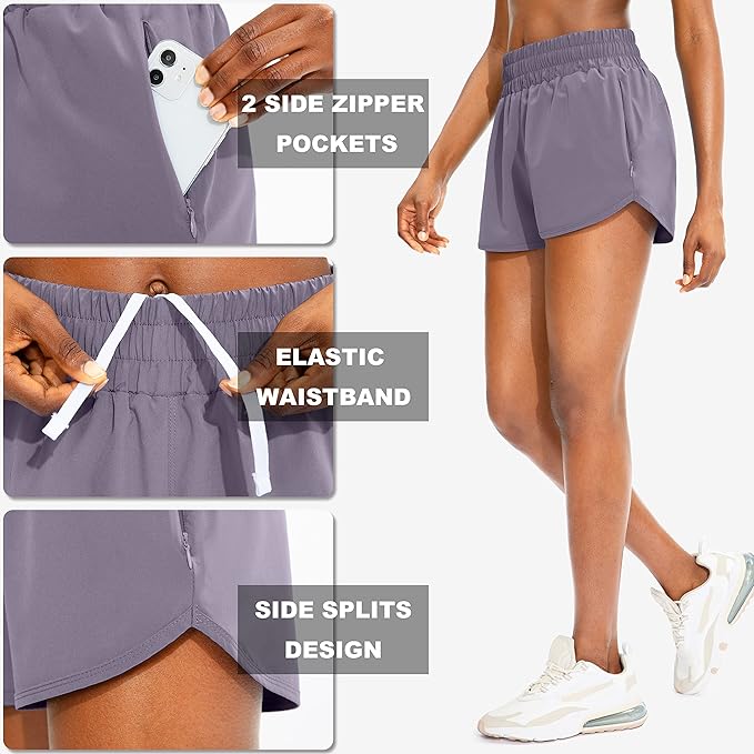 SANTINY Women's Running Shorts with Zip Pockets High Waisted Athletic Workout Gym Shorts for Women