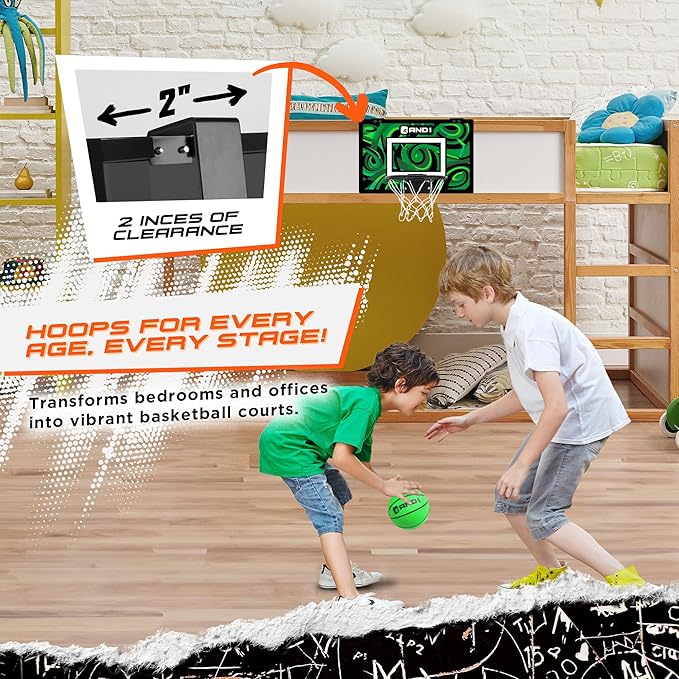 AND1 Over the Door Mini Basketball Hoop: 18x12 Shatterproof Backboard, 2 Mini Basketballs, and Hand