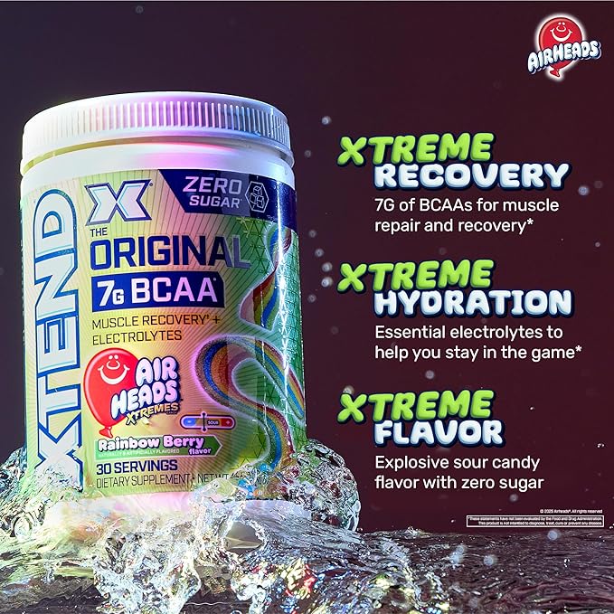 Original BCAA Powder Airheads Rainbow Berry Flavor, 7g BCAA and 2.5g L-Glutamine, Sugar Free Post