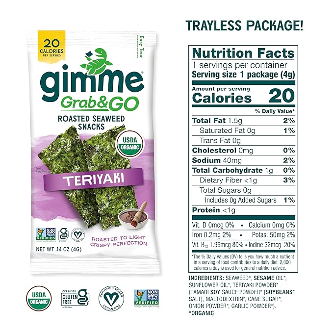 Gimme Seaweed Grab & Go Organic Premium Roasted Seaweed Snacks, Teriyaki, 5 Count Trayless, Keto