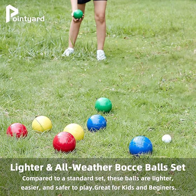 Pointyard 90mm Bocce Ball Set with 8 PE Balls, 1 Pallino, Carrying Bag, Measuring Tape - Family