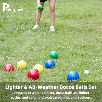 Pointyard 90mm Bocce Ball Set with 8 PE Balls, 1 Pallino, Carrying Bag, Measuring Tape - Family