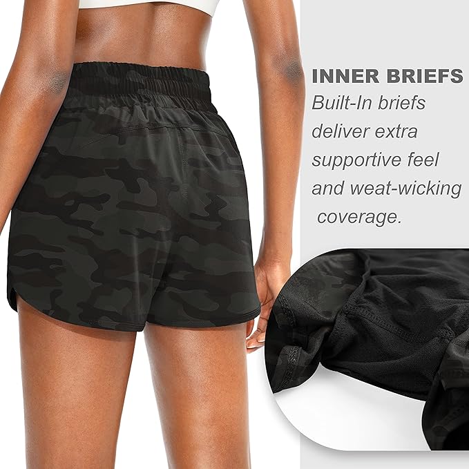 SANTINY Women's Running Shorts with Zip Pockets High Waisted Athletic Workout Gym Shorts for Women