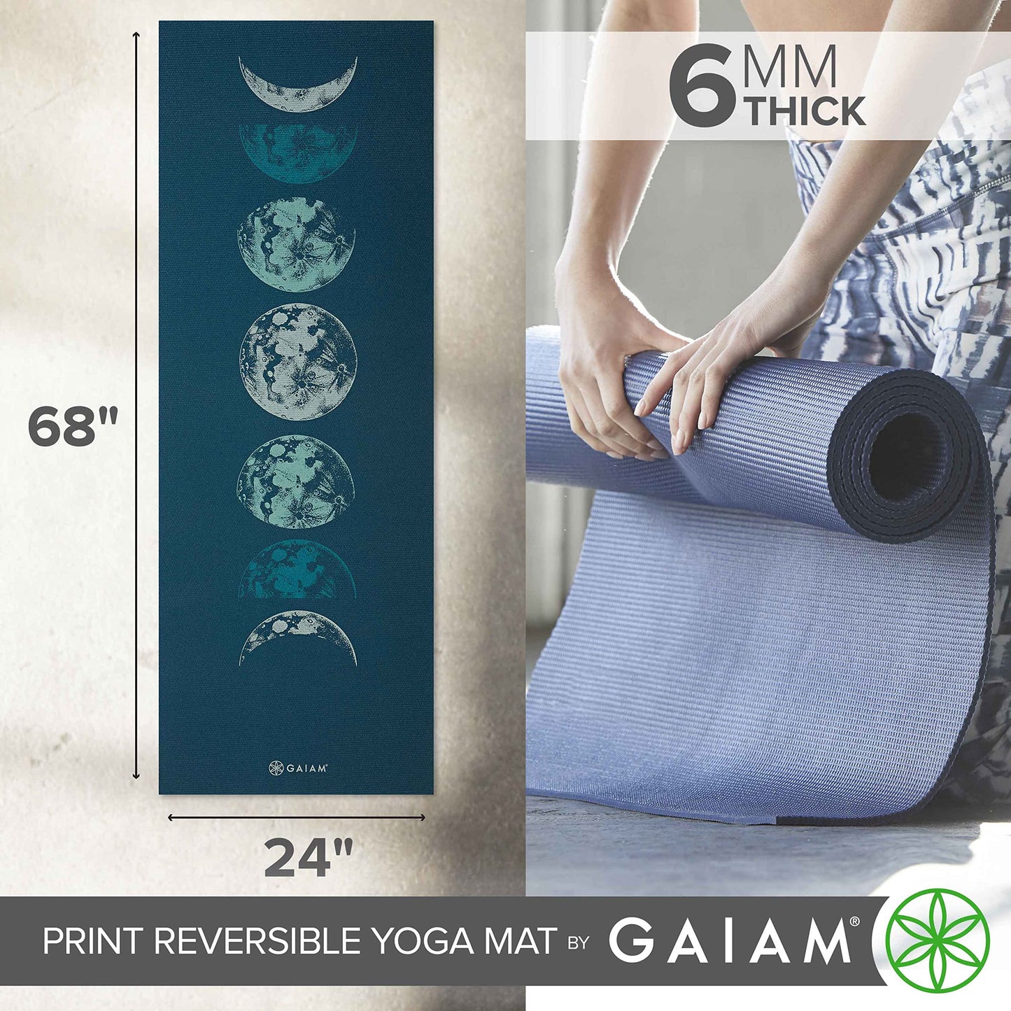 Gaiam Reversible Yoga Mat, 6mm Thick Print Mat (Lunar Wave)
