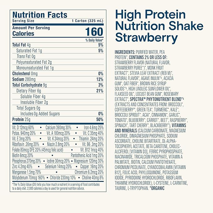KATE FARMS Organic High Protein Strawberry Nutrition Shake, 25g Protein, 6g Fiber, 27 Vitamins and