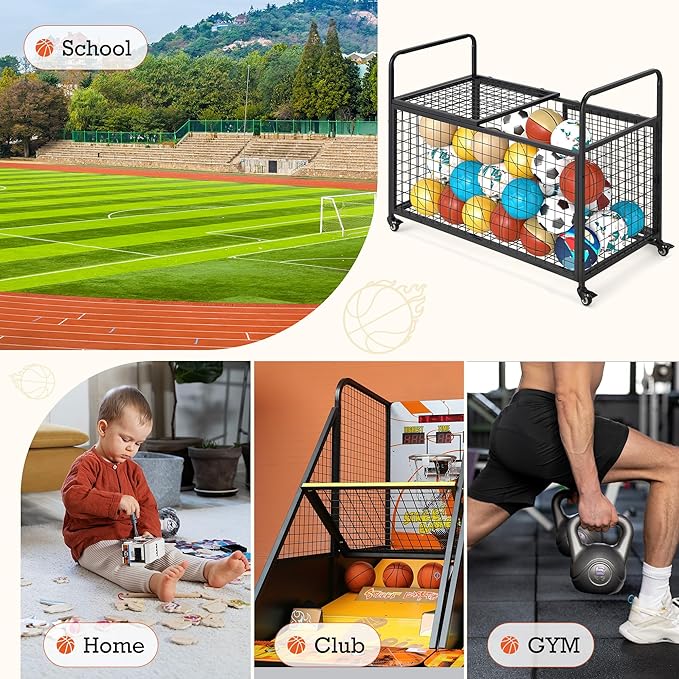 AECOJOY Ball Cart Storage, Rolling Basketball Bin with Wheels for Garage, School, Gym, Sports