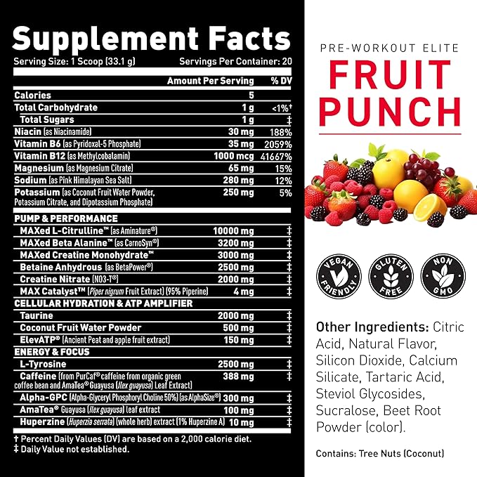 Kaged Pre Workout Elite Powder | Fruit Punch | Pre-Workout with Creatine, Beta Alanine