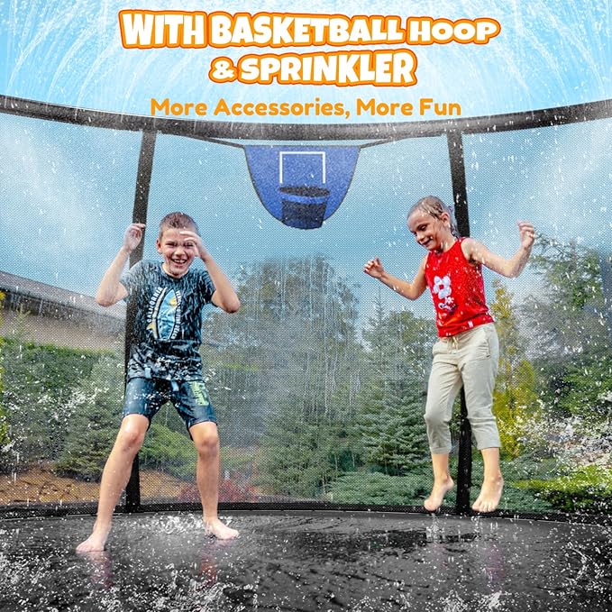 14FT & 16FT Trampoline for Kids & Adults, Big Round Trampoline with Basketball Hoop, Sprinkler &