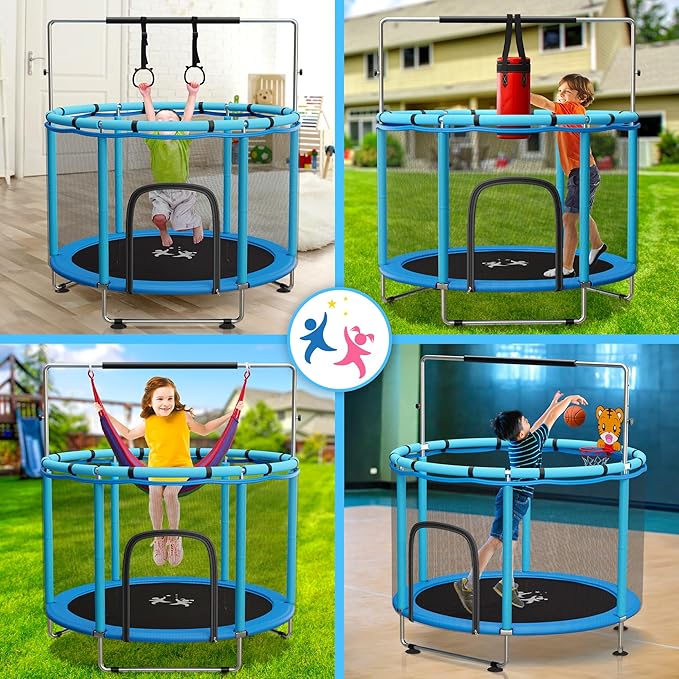 Toddler Trampoline for Kids Ages 3-8 - 5 ft Toddler Trampoline with Net, Basketball Hoop, Ocean