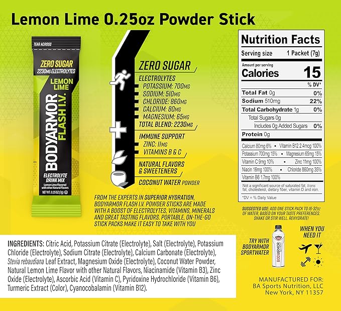 BODYARMOR Flash IV Electrolyte Packets, Lemon Lime - Zero Sugar Drink Mix, Single Serve Packs