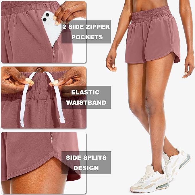 SANTINY Women's Running Shorts with Zip Pockets High Waisted Athletic Workout Gym Shorts for Women