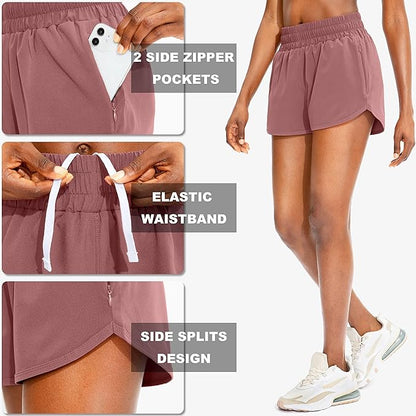 SANTINY Women's Running Shorts with Zip Pockets High Waisted Athletic Workout Gym Shorts for Women