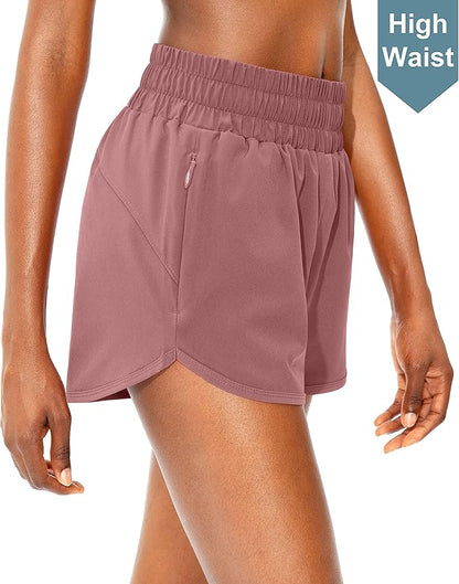 SANTINY Women's Running Shorts with Zip Pockets High Waisted Athletic Workout Gym Shorts for Women