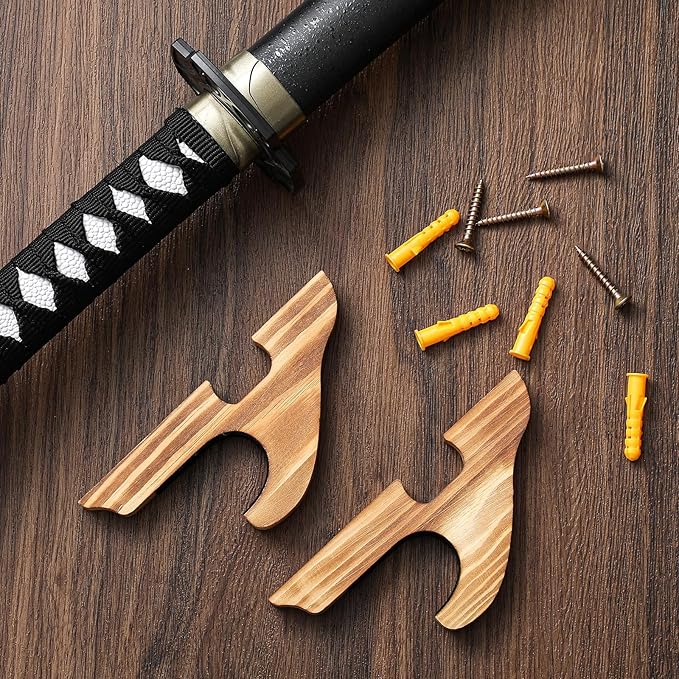 Chunful 2 Pcs Sword Wall Mount Sword Holder Katana Stand 1 Tier Hanger Adjustable Wooden Mounts for