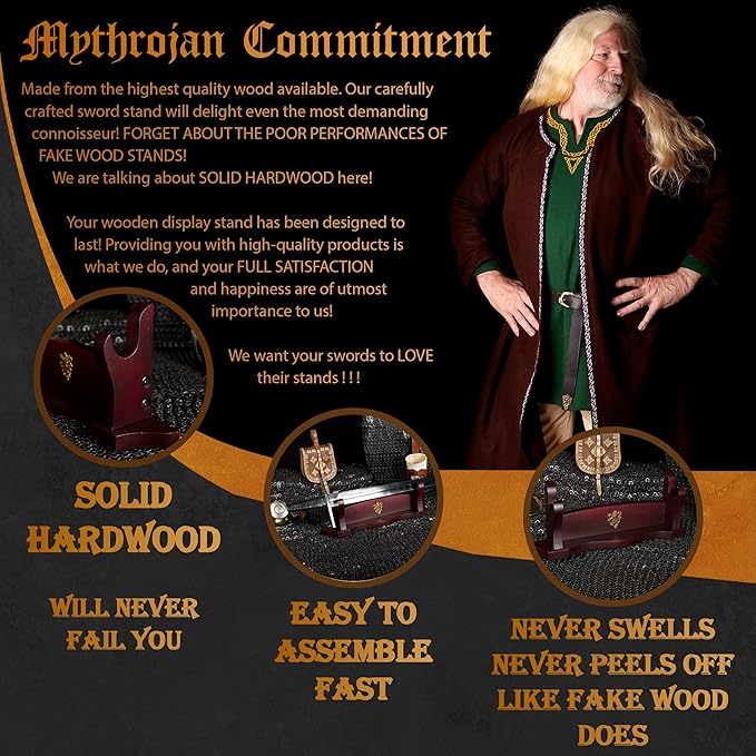 Mythrojan Medieval Sword Stand Solid Wood Horizontal Display Rack for Katana, Samurai, Gladiator