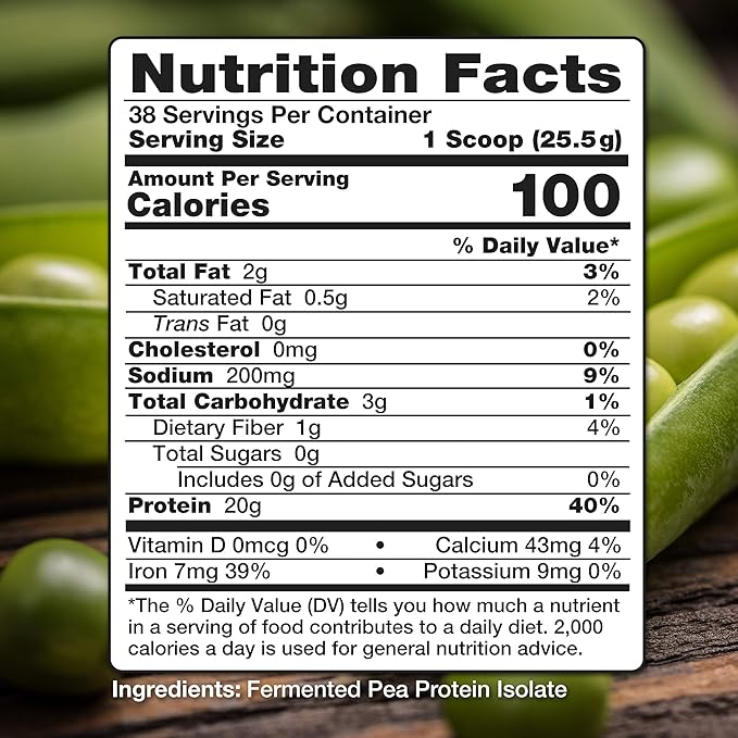 Pea Protein Powder, Unflavored and Unsweetened Sugar Free Vegan, 100% Plant Based, Non GMO, Gluten