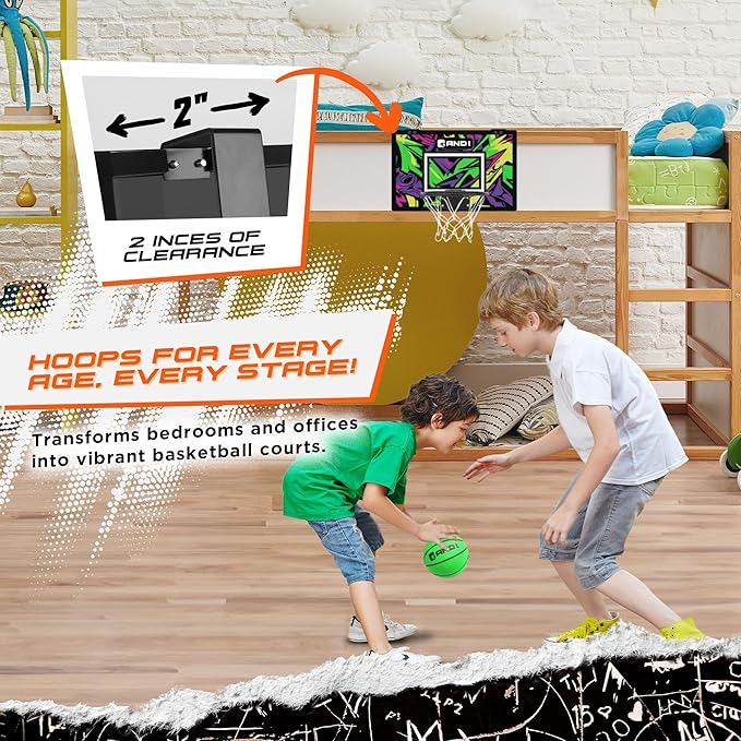 AND1 Over the Door Mini Basketball Hoop: 18x12 Shatterproof Backboard, 2 Mini Basketballs, and Hand