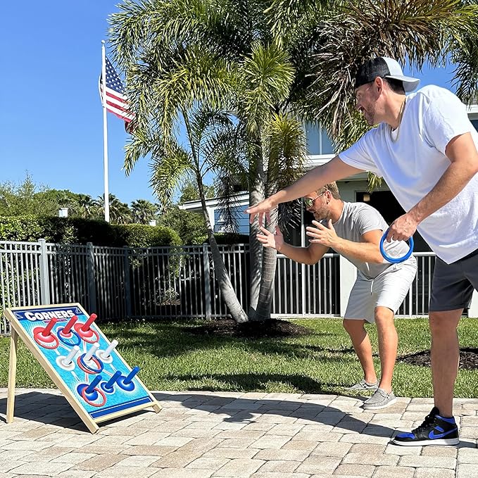 Corners Championship: Ring Toss Reinvented - Yard & Party Game, Wooden Peg Board, Competition
