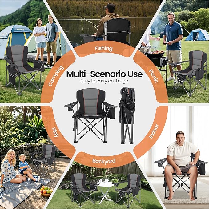 2 Pack Heavy Duty Oversized Camping Chair for Adults 400lbs w/Lumbar Support - Folding Chairs with